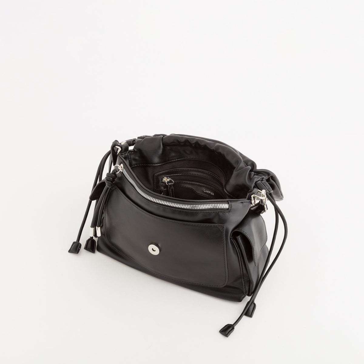 A black leather shoulder bag with a drawstring closure and a silver-tone front snap button, shown open to reveal its interior compartments on a clean white background.