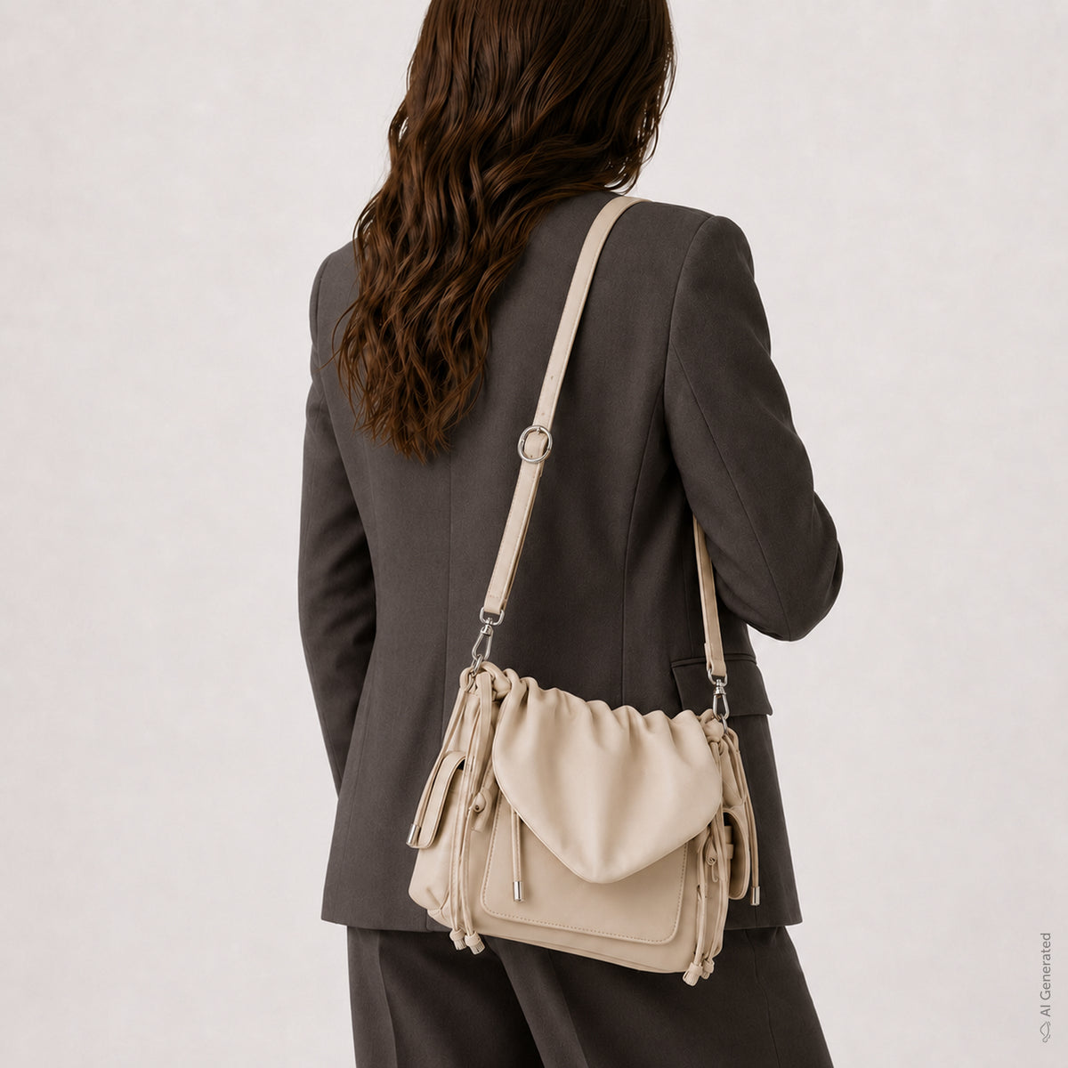 A woman shown from behind wearing a dark gray blazer and trousers, carrying a beige leather shoulder bag with tassels and a flap closure. The photo is shot against a clean, light off-white background.